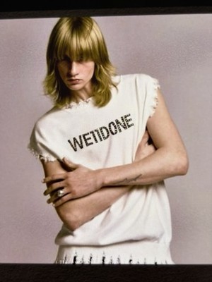 WE11DONE Distressed Rhinestone Logo Cotton Knit Shirt Men Small White Streetwear