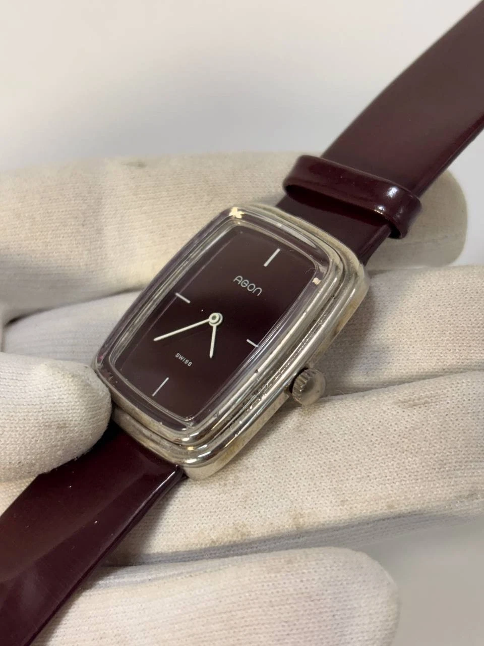 Vintage 1970s Agon Swiss Burgundy Dial TV Case Manual Wind Watch 31x37mm Tank image 10