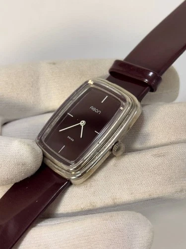 Vintage 1970s Agon Swiss Burgundy Dial TV Case Manual Wind Watch 31x37mm Tank image 10