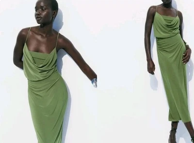 ZARA Green maxi dress with cowl neck and spaghetti straps - Image 1 of 4
