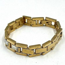 Vintage Gold Tone Rectangular Link Bracelet White Marble Inlay Fold Over Clasp