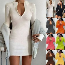 Sexy Slim Long Sleeve Mini Dress Dresses Womens Plus Size Jumper V Neck Bodycon
