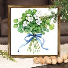 Irish Wooden Plaque St. Patrick's Day Shamrock Bouquet with White Flowers Decor