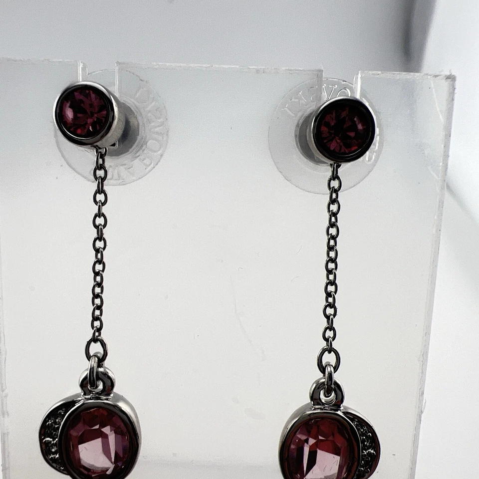 Juego de Pendientes Swarovski Cristal Rosa Colgantes 2 en 1 Firmado Cisne Tono Plata Foto 4 de 4