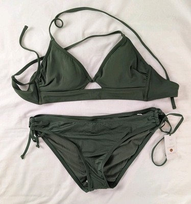 NWT Shade & Shore Dark Green Bikini Swimsuit Set Top 36B Bottom L 12-14 2-Piece