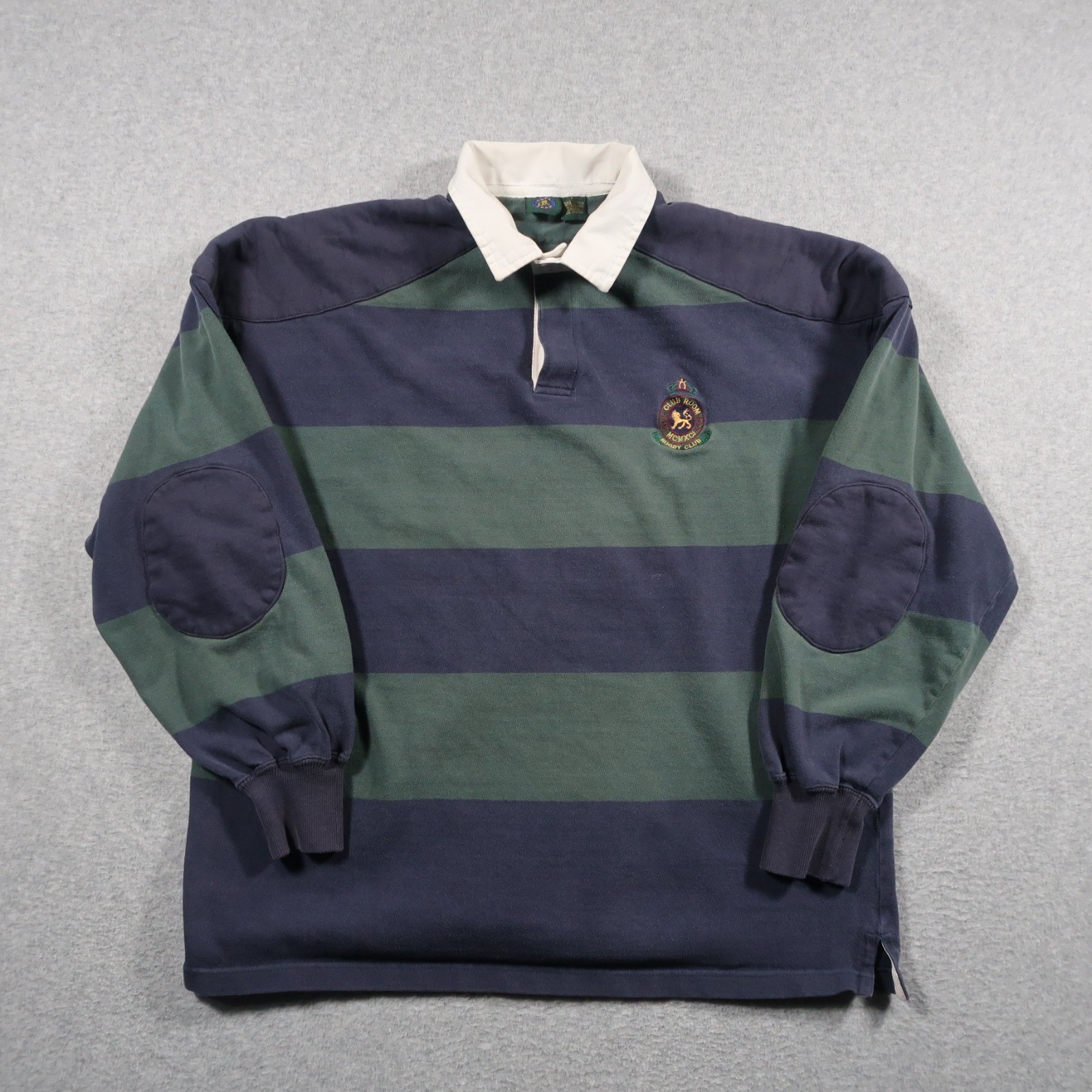 Vintage Club Room Rugby Shirt Mens Large Green Blue Striped Elbow Patch Flaws