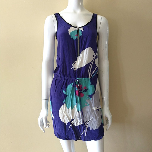 Yumi Kim Mini Dress Womens XS Blue Floral 100% Silk Sleeveless Drawstring Zip