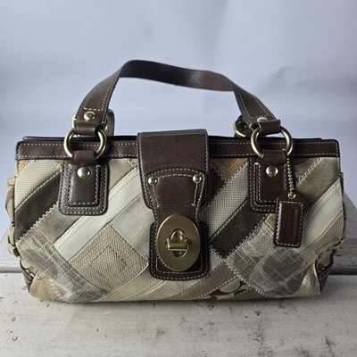 COACH 12524 Patchwork Khaki Brown Canvas Leather Turnlock
