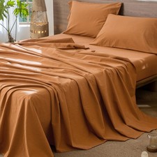 Queen Flat Top Sheet Only 100 Washed Cotton Linen Textured Orange 1 PCS