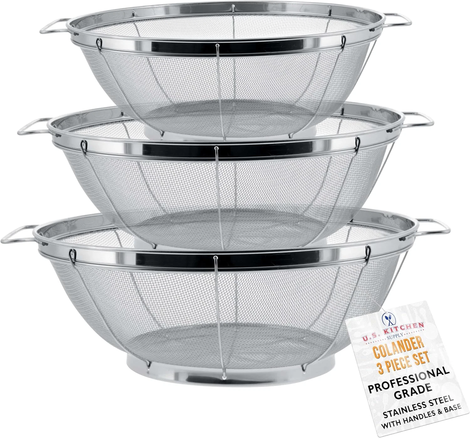 3pc Stainless Steel Colander Strainers Net Baskets 5,4,3qt - Colander w/ Handles