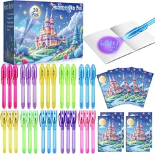 30PCS Invisible Ink Pen with UV Light,Cute Castle Theme Party Spy Pen with 30 No