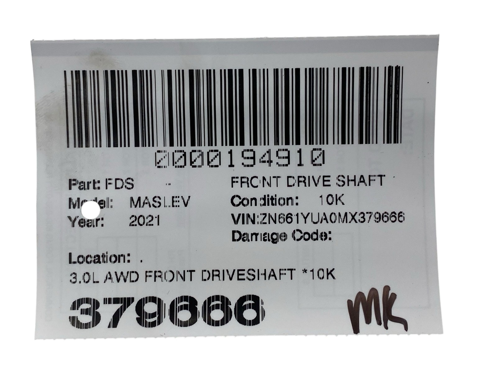 2017-2022 MASERATI LEVANTE M161 OEM 3.0L AWD FRONT DRIVESHAFT *10K MILES*