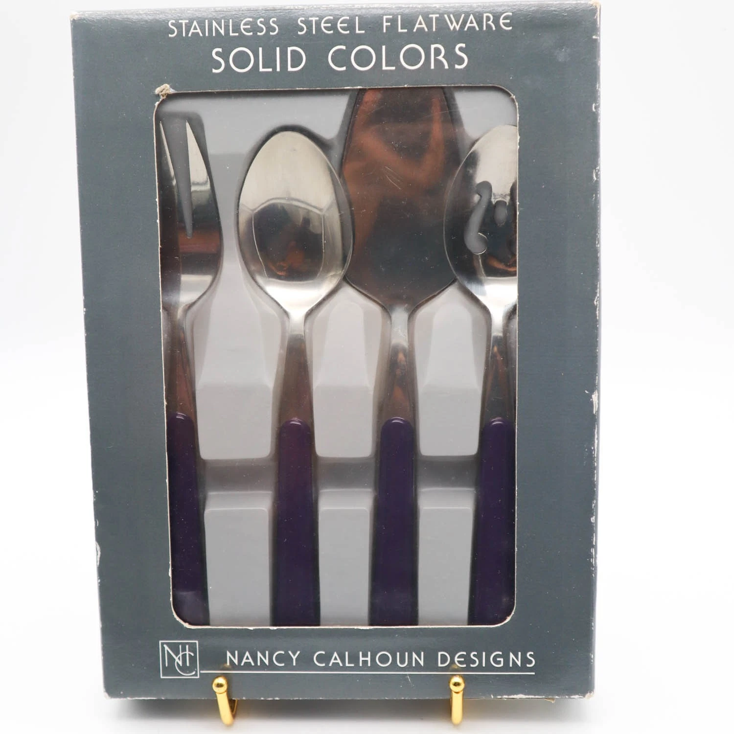 Vtg '80s Nancy Calhoun Solid Colors Stainless Flatware Hostess Serving Set Plum