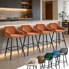 Set of 2/4 Bar Stools Velvet Metal Leg Breakfast Kitchen Padded Chairs Home