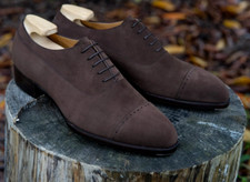 New Men's Handmade Dark Brown Suede Punched Cap Toe Lace Up Oxford Formal Shoes