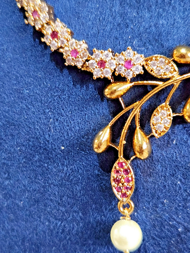 NECKLACE 3PC 1Gram Gold Bollywood Wedding/Premium Rubies/Diamond cut/RARE/UK/S - Picture 5 of 9