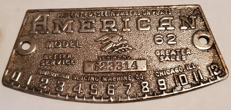 Antique Vintage American Slicing Machine Nameplate Tag
