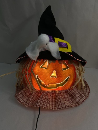 Vintage fiber optic scarecrow pumpkin with ghost on Hat 12" - Picture 3 of 15