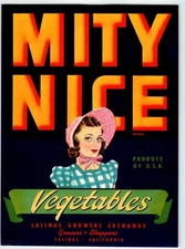 Mity Nice Country Bonnet Girl Pinup Lady Vegetables Crate Label 1940s Vintage