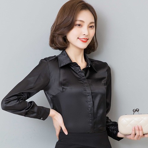 Women Silk Satin Shirt Long Sleeve Formal Work Shirts Shiny Blouse Top Elegant - Picture 13 of 17