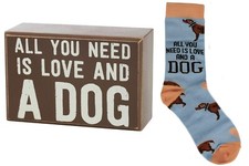 Primitives By Kathy Box Sign  Sock Set All You Need Is Love and A Dog NEW