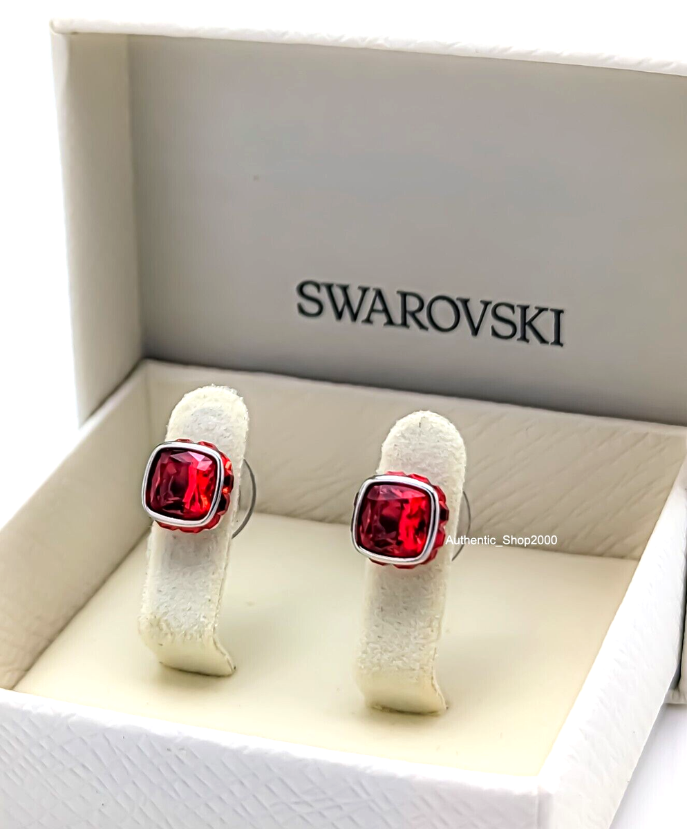 NEW SWAROVSKI Rhodium Red Square Crystal July Birthstone Stud