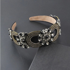 LUXURY HANDMADE BLACK/CLEAR RHINESTONE HEADBAND HAIR ACCESSORY, BRIDAL OR RACES