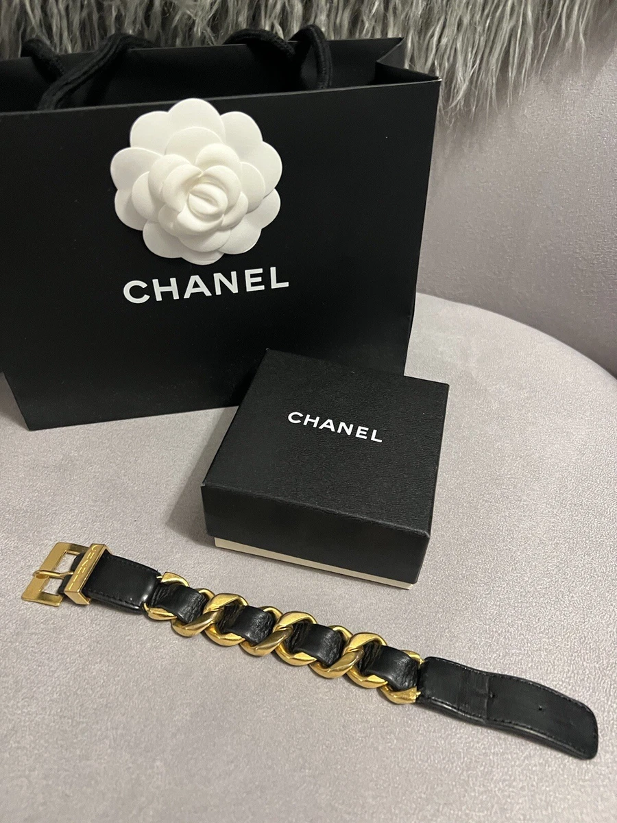 Chanel Vintage Black Leather Chain Buckle Bracelet 93A Gold Plate Chanel  Logo