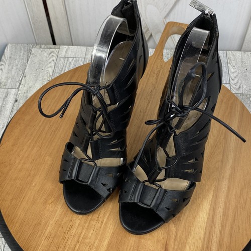 Jessica Simpson Emelia Womens 7.5 Black Heels Cage Lace Up Bootie Open Toe - Picture 8 of 14