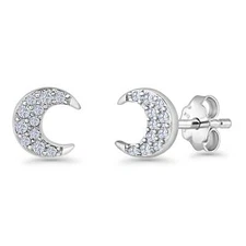 Crescent Moon Stud Earrings Cubic Zirconia 925 Sterling Silver 6.5mm