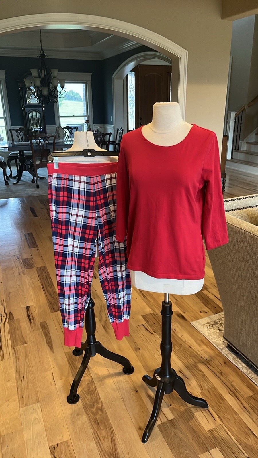 Pajama Set Red Plaid Pants Solid Long Sleeve Top - image 1