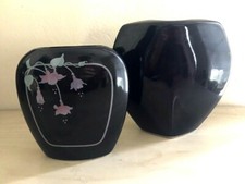 Japanese Porcelain Vases Glossy Black Set of 2 Floral 4.25" and Plain 5.25" MINT