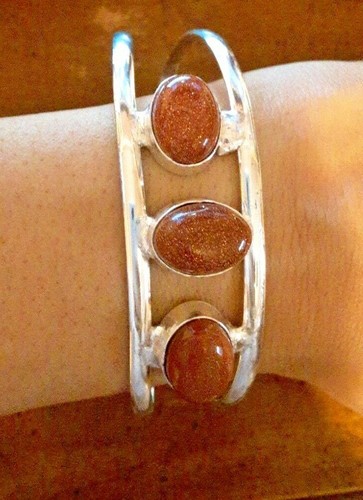 Sunstone 3 gemstone 925 STERLING SILVER BRACELET slim CUFF Bangle 7-8" - Picture 4 of 6