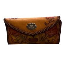 Vintage Handmade 1970 s Embossed Tooled Leather Clutch Hinged Clasp to Close
