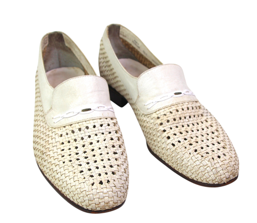 VTG BALLY WOVEN OFF WHITE REAL LEATHER ROUND TOE CASUAL LOAFER MEN'S SHOES 8.5