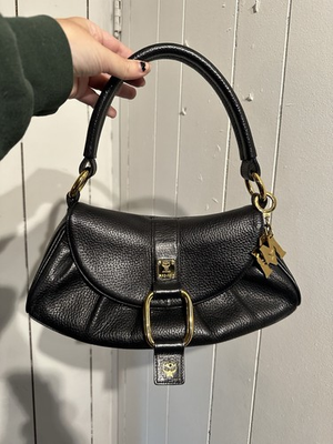 #ad MCM Black Crescent Shoulder Bag Gold Hardware Logo Accent Magnetic Bag Charm $350.00