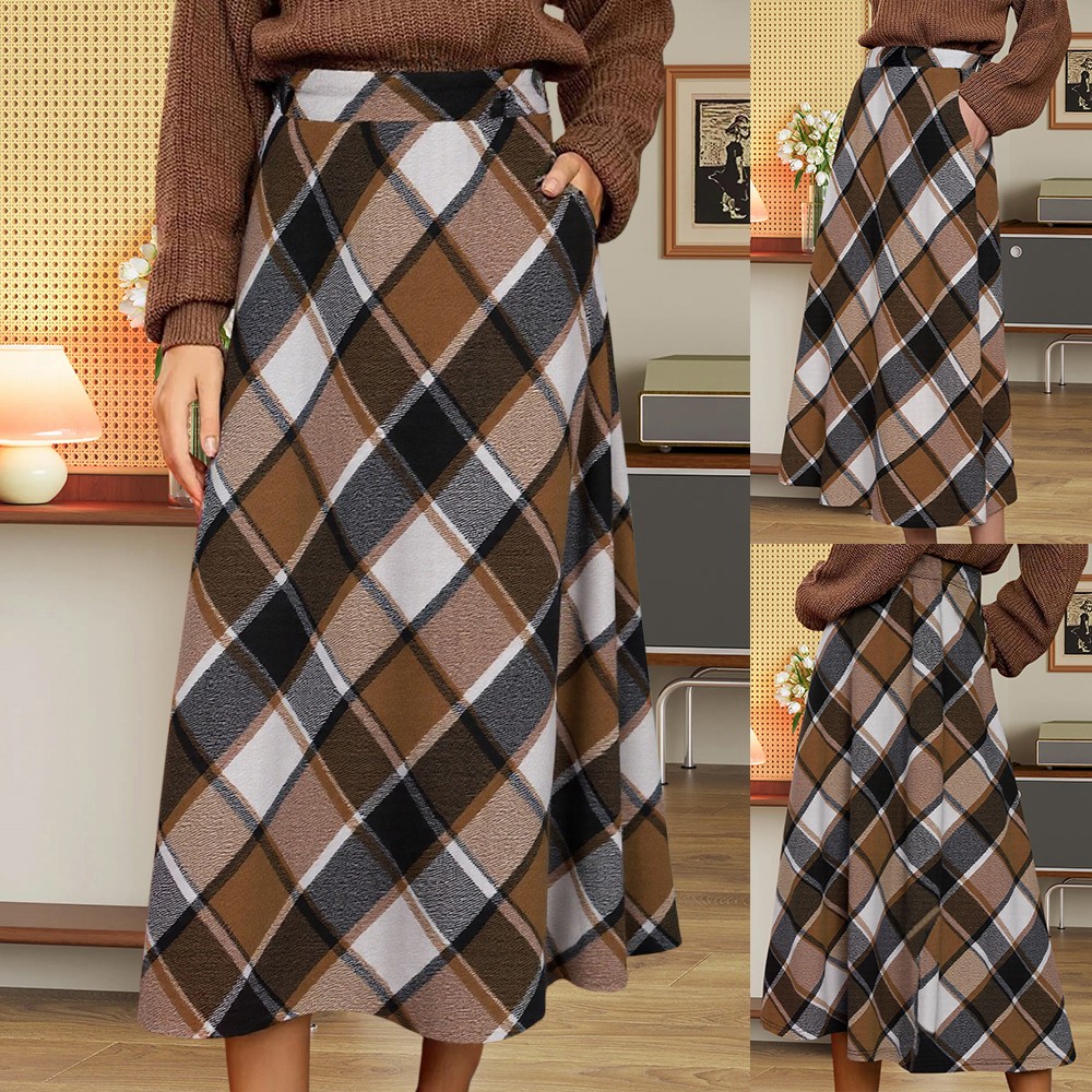 Women Plaid Check Maxi Long Skirt Elastic Waist Tartan Ruffle