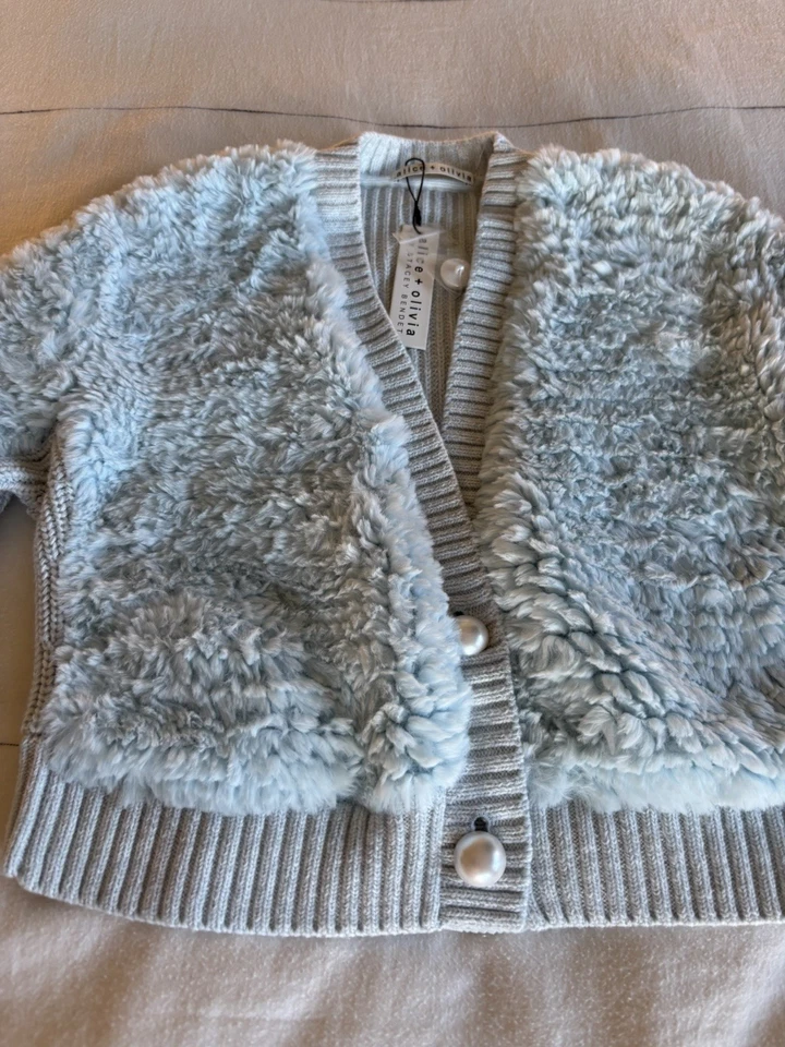 Alice + Olivia Faux Fur Fluffy Button Down Blue Sweater Size M NWT (MSRP $595) - Image 2 of 4