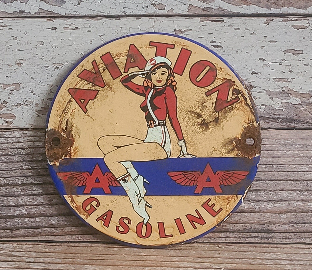 Vintage Aviation Gasoline Double A Pinup Girl Porcelain Metal Sign