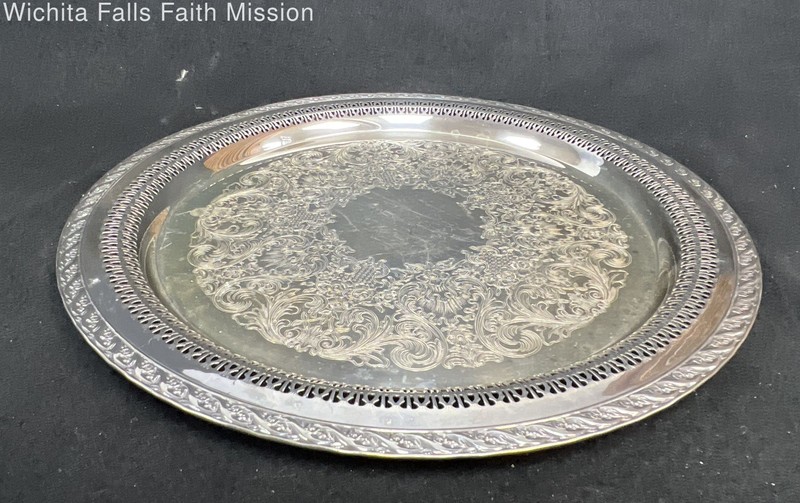 Vintage Silver-tone Round Gallery Trays Pierced Rim Ornate Floral Lot 2 Piece