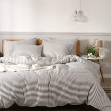 JELLYMONI 100 Natural Cotton 3pcs Striped Duvet Cover Sets,White with Grey S...