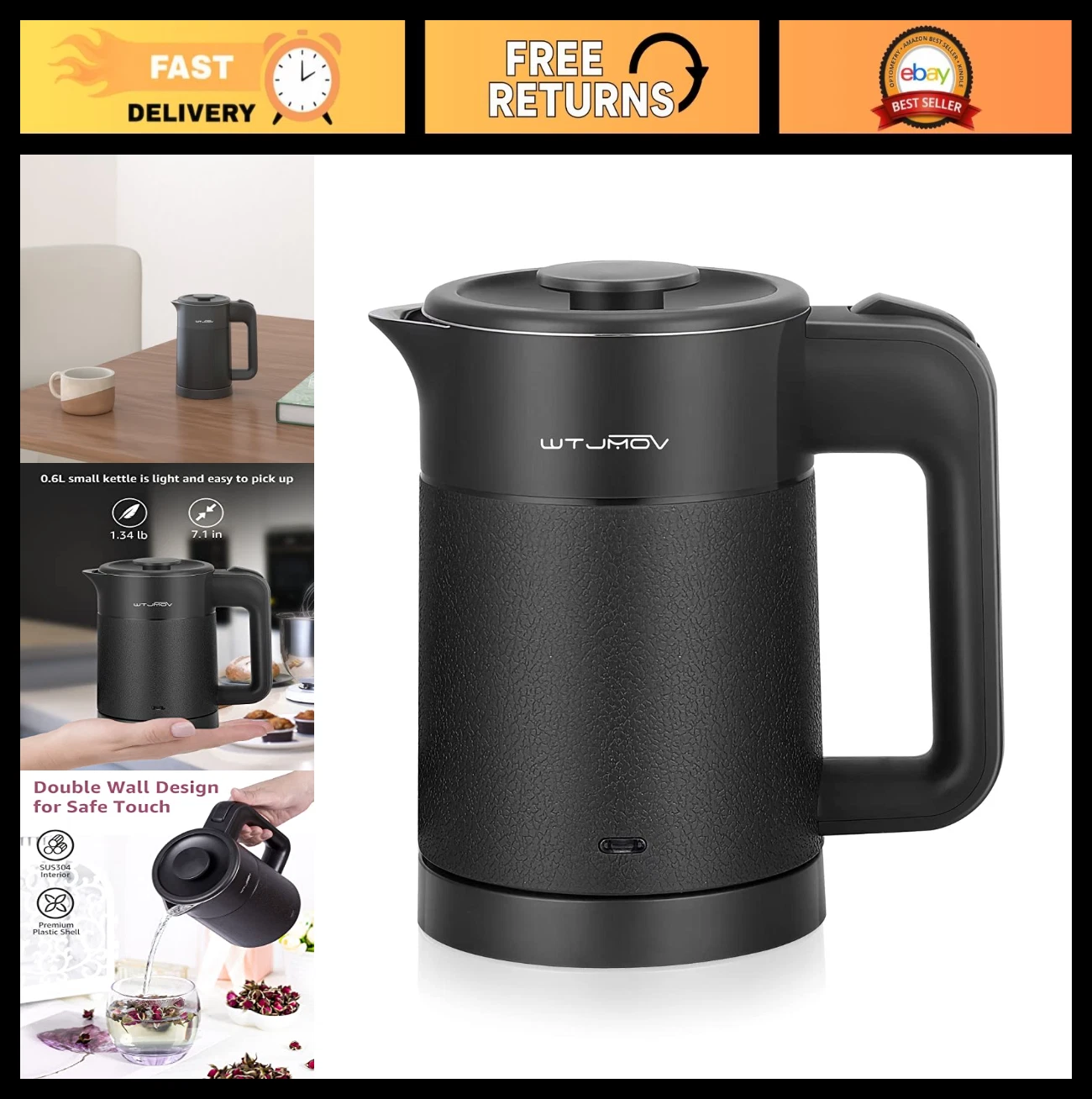 Compact 0.6L Electric Tea Kettle - Fast Boil, Double Wall, Auto Shut-off, Portab