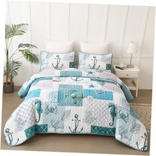 Beach Quilt Set Size,3 Piece Coastal Ocean Summer Queen Blue Boat Anchor