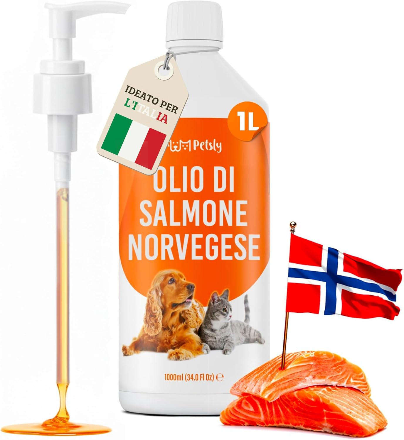 Olio di Salmone Norvegese 1L per Cani e Gatti - Omega 3 Selvatico