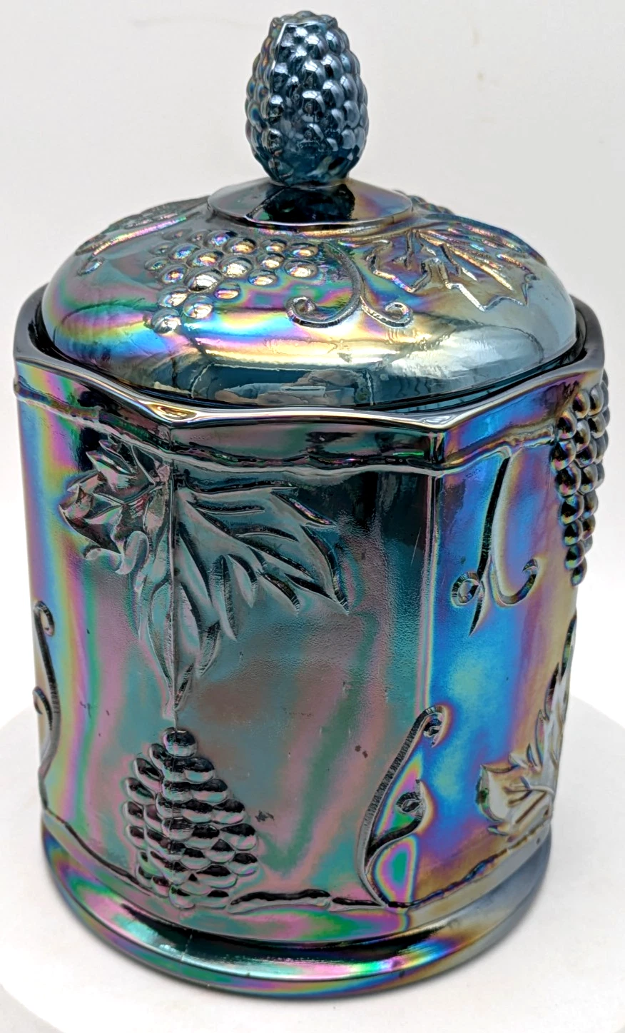 Indiana Carnival Glass Blue Iridescent Canister Grapes