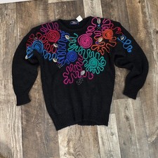 Vintage 80s Black Embroidered Sweater Colorful Floral Wool Blend Artsy Statement