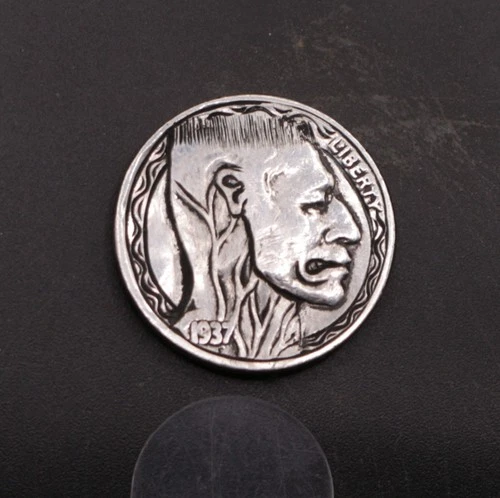 1937 Buffalo Nickel –Brute Squad Rage Portrait -Buzzed Hobo Nickel Coin Carving