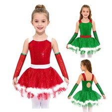 Kids Girls Christmas Elf Dress Xmas Theme Party Sparkly Ballet Dance Costume