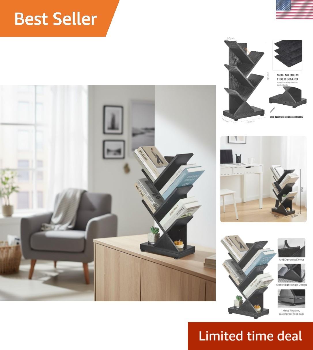 Sturdy 5-Tier Tree Shelf - Safe & Stylish Book Organizer for