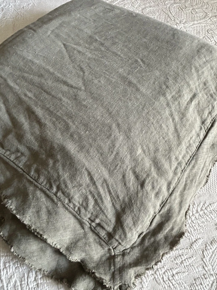 Pottery Barn Belgian Flax Duvet Cover Loden Green Fringe Linen Ruffle King/CK - Image 4 of 4